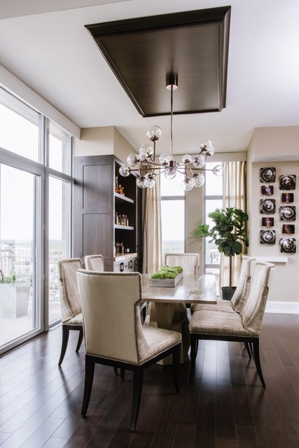 Transitional Dining Room with Moss and Fiddle Leaf Fig Tree